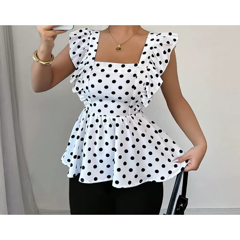T-shirt à col carré, motif pois
