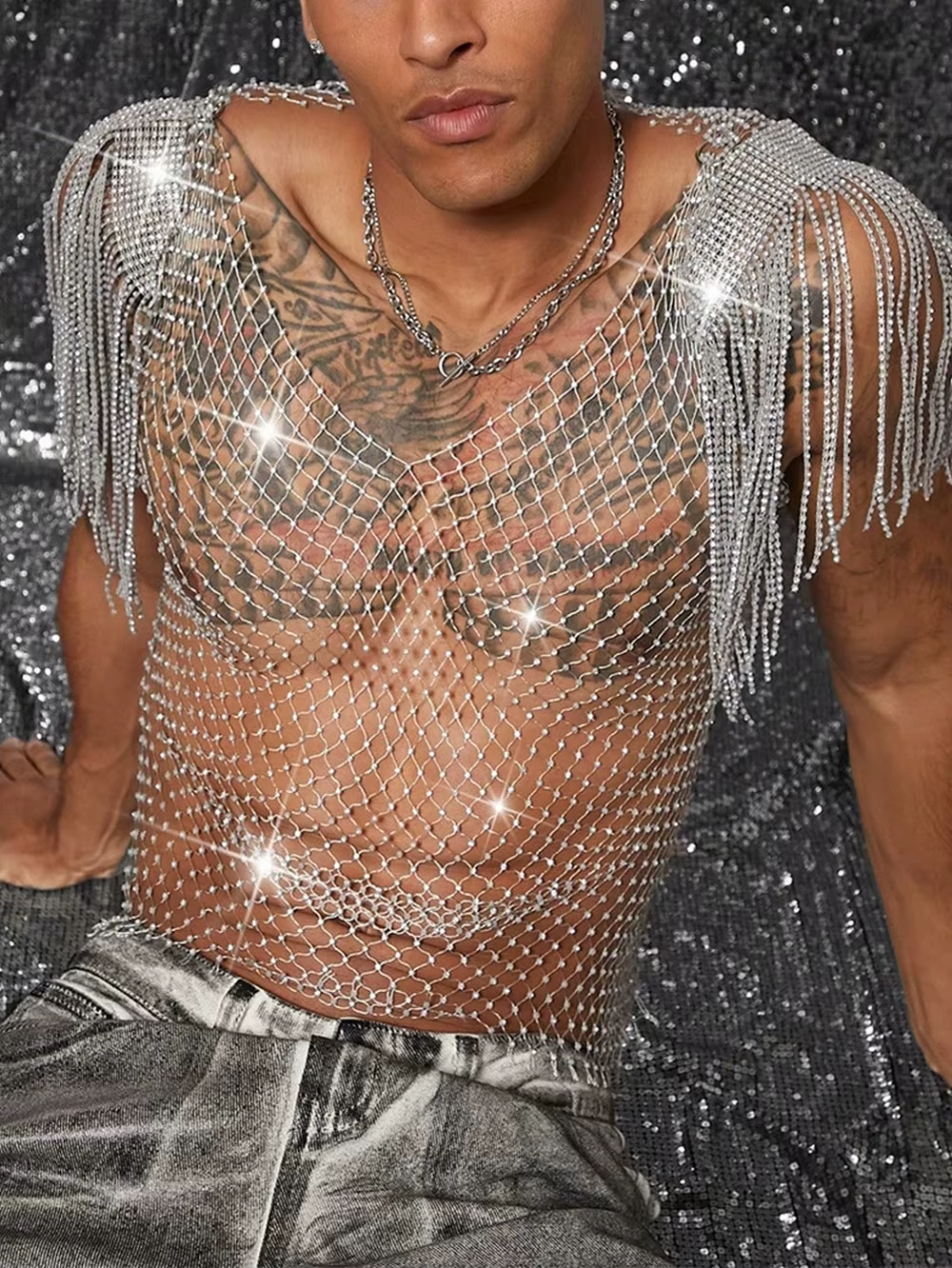 Débardeurs brillant strass résille évider haut hommes maille voir à travers gland T-Shirt homme fête Clubwear gilet Transparent