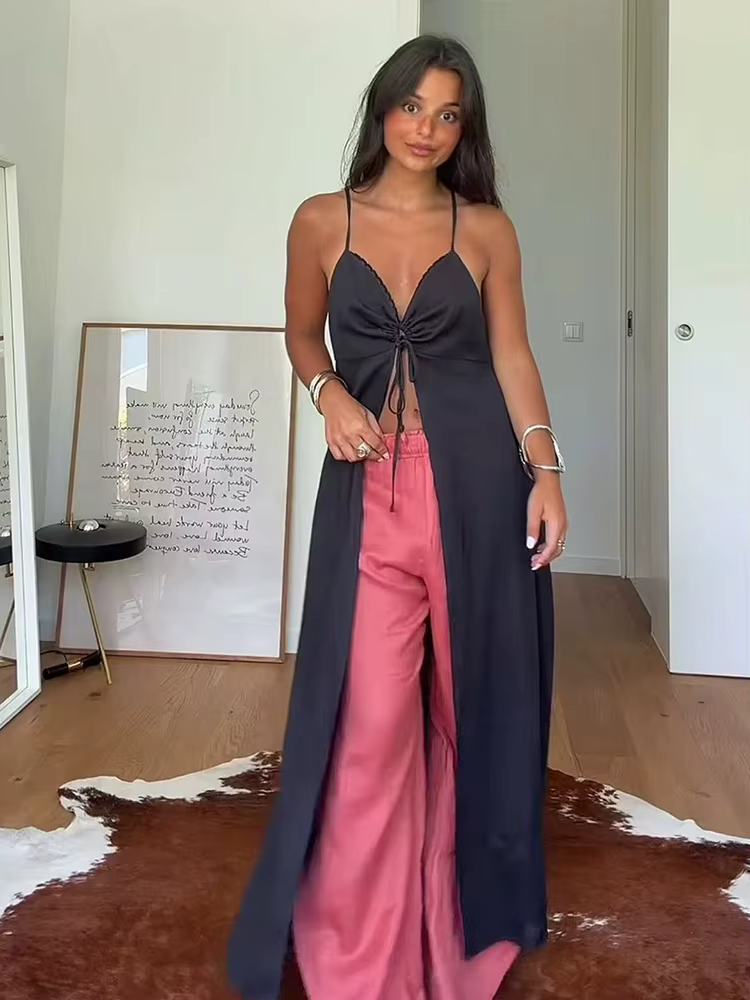 TFMLN Haut décontracté à longues bretelles pour femme, chic, uni, à lacets, sans manches, à fines bretelles, avec fente haute, style streetwear, pour l'été