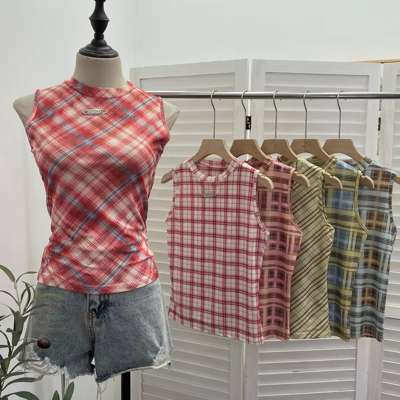 ISAROSE Vintage débardeurs pour femmes été sans manches Plaid maille extensible Double couches col rond mince hauts courts vêtements de sport