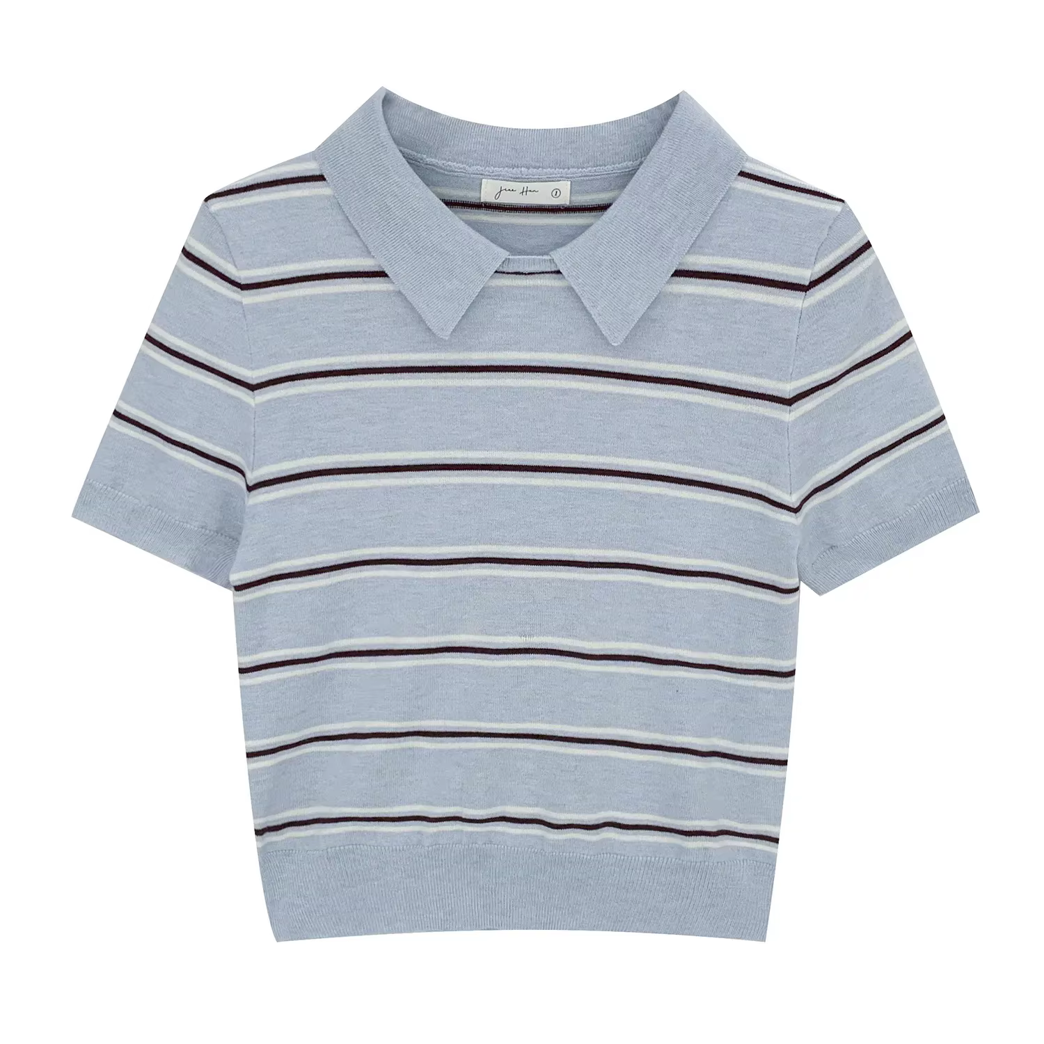 Français élégant col Polo rayé à manches courtes haut tricoté femmes été coupe ajustée belle petite chemise T-Shirt mode féminine