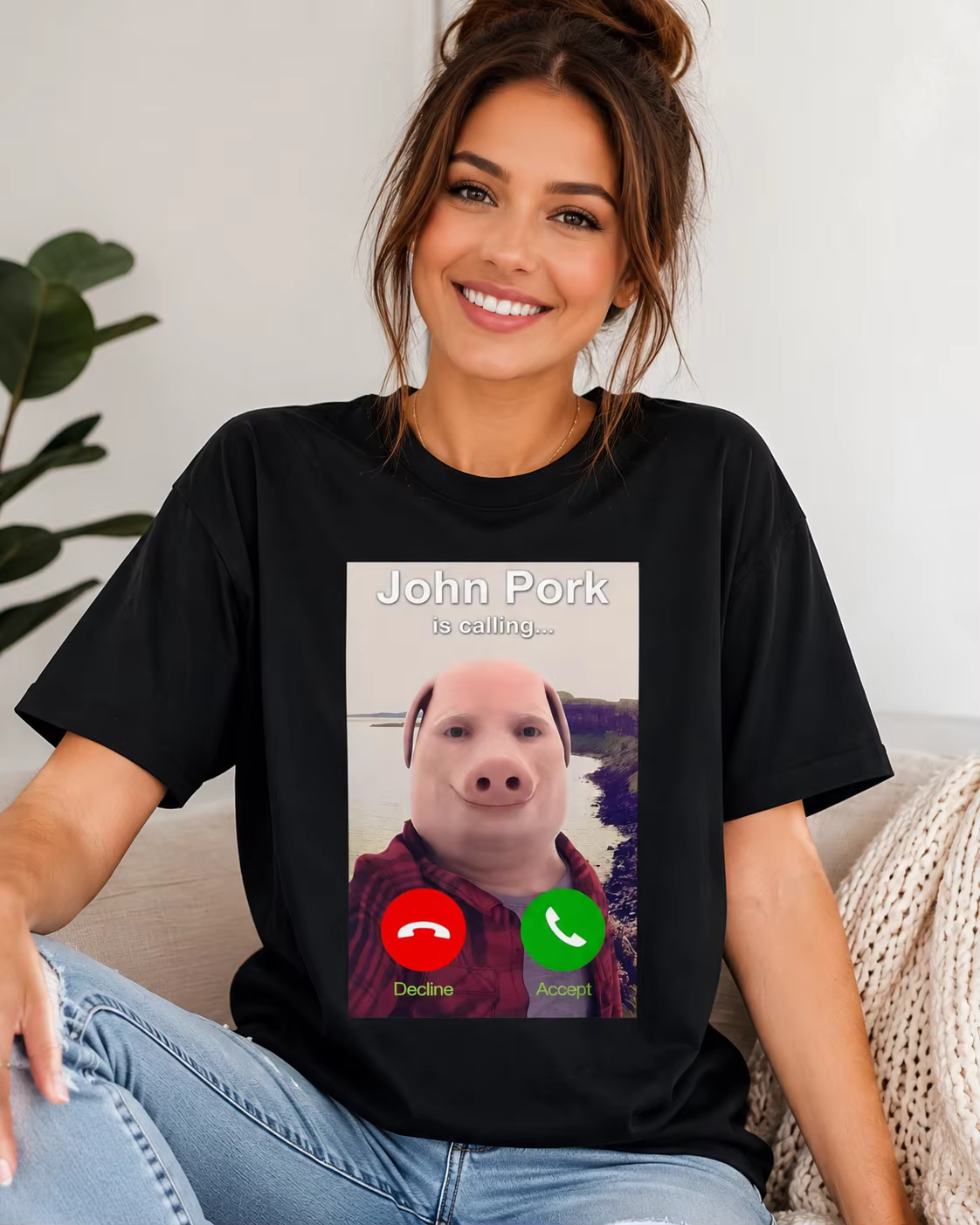 T-shirt humoristique John Pork Is Calling pour femme – Design ludique et original pour tenue décontractée