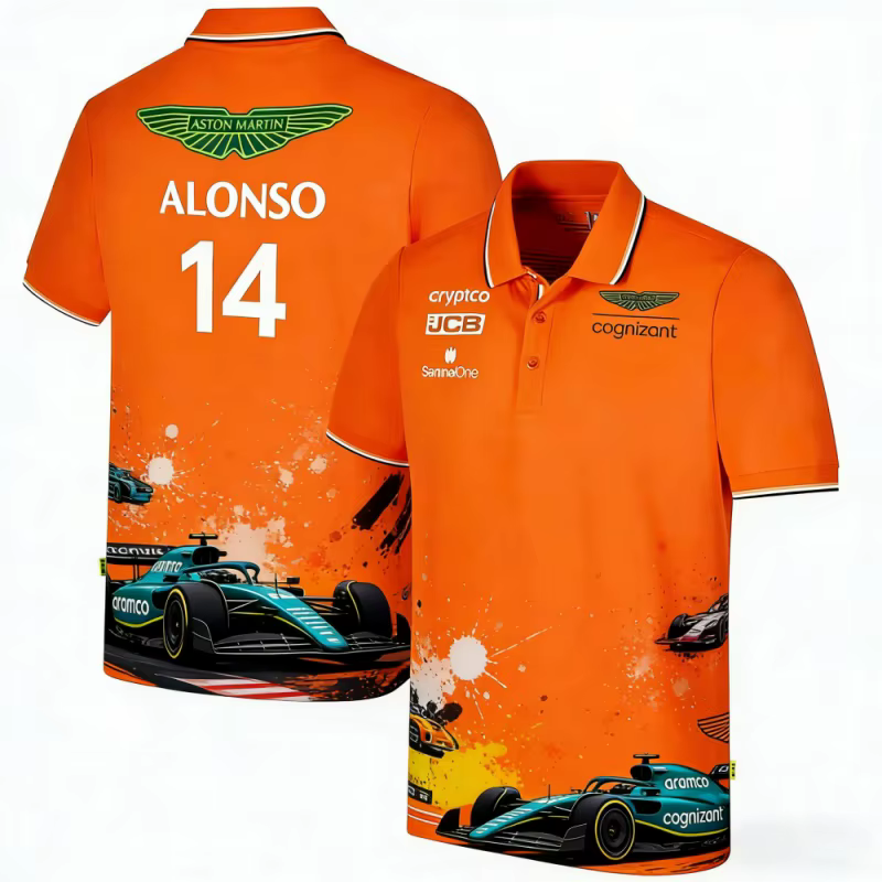 Aston Martin Racing Team Training Street Style Button Polo Shirt Fernando Alonso 14 Vêtements à manches courtes pour hommes et femmes