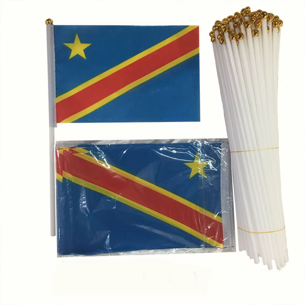 Bannière de la République démocratique du Congo, drapeau ondulé à la main, 14x21 cm, bannière de la république de la Congo, drapeau ondulé à la main