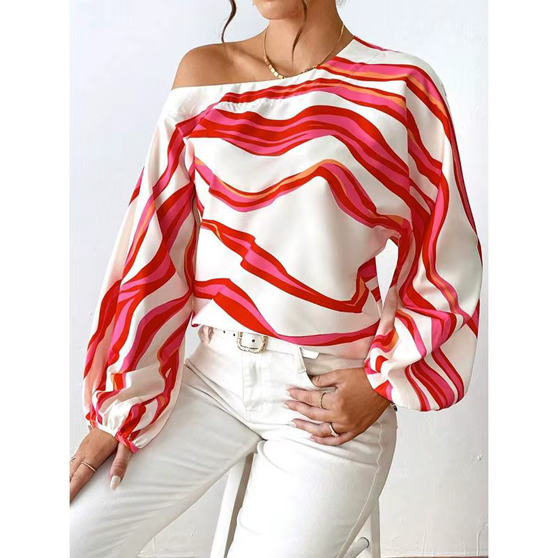 Mode à manches longues Sexy épaules nues chemises femmes Slash cou imprimé Blouses décontractées en vrac
