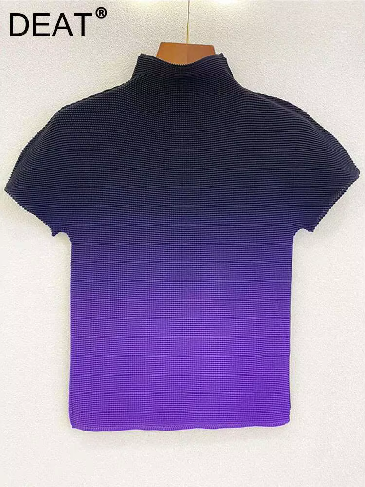 DEAT T-shirts plissés dégradés à col montant et manches courtes pour femme, style décontracté, nouvelle mode été 2026 15HT177
