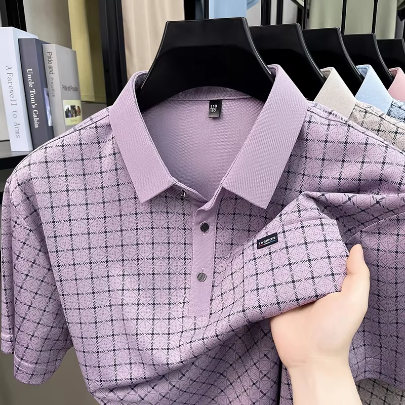 Polo homme à carreaux coupe décontractée avec col à revers