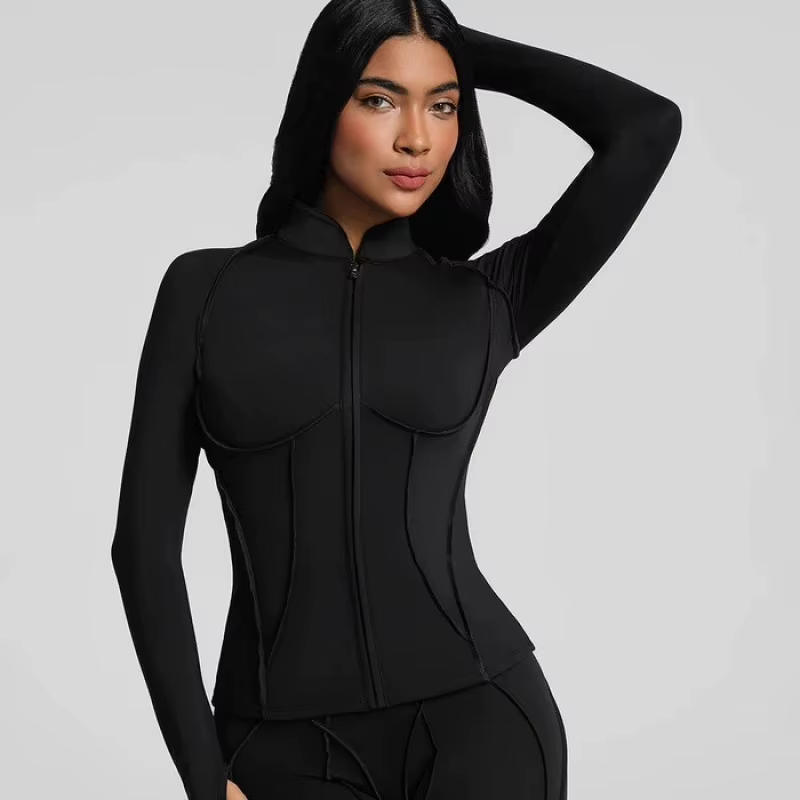 Chemise de Compression veste de Yoga pour femmes col montant haut de sport fermeture éclair manches longues