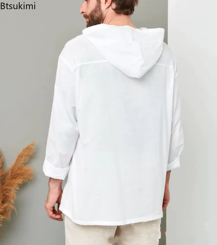 Chemise à capuche en lin et coton pour homme