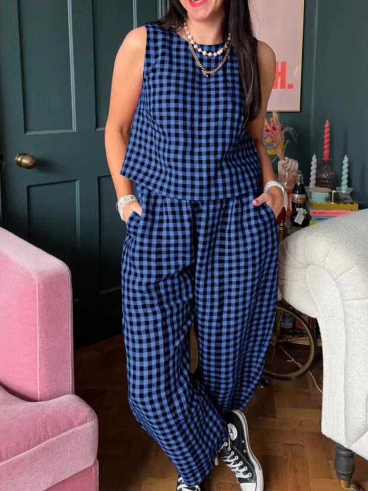 Mode femmes pantalons ensemble imprimé Plaid sans manches 2025 printemps été décontracté gilet neuf points pantalon