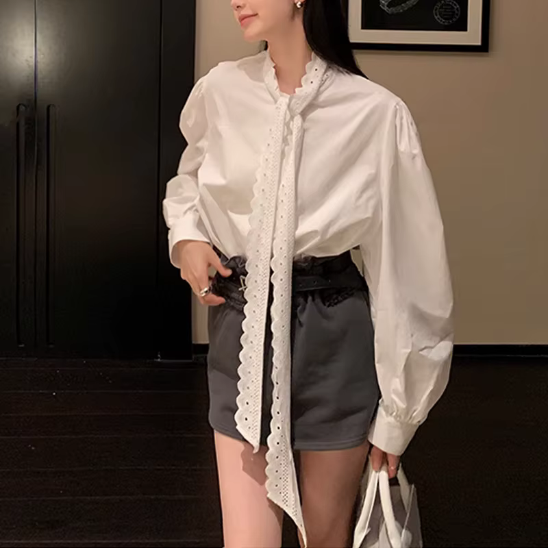 Chemise à volants en dentelle élégante et polyvalente pour femmes