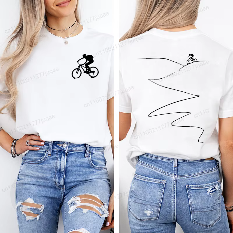 T-shirt imprimé pour cyclistes, haut décontracté à manches courtes et col rond pour l'été et le printemps, vêtements pour femmes