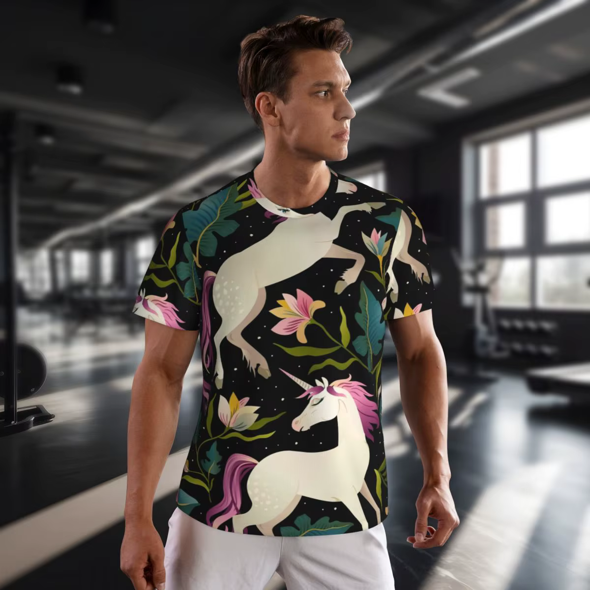 Dessin animé licorne gymnase t-shirt fleurs imprimer Harajuku t-shirts hommes Vintage