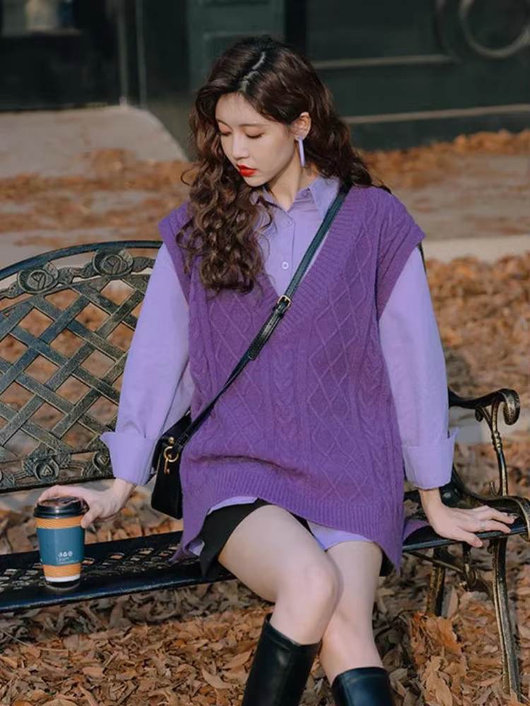 Gilet violet col en v dame chandails pull ample tricot gilets pour femmes sans manches Style coréen vêtements élégant tendance 2025