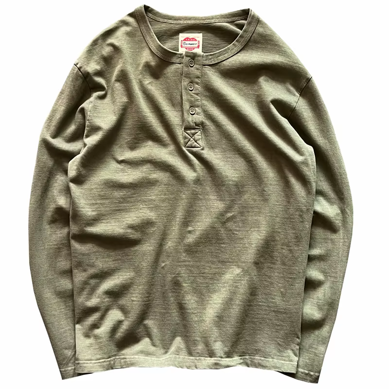Henry chemise américaine Vintage poids lourd Amekaji lavé en détresse à manches longues coupe ample pur coton col