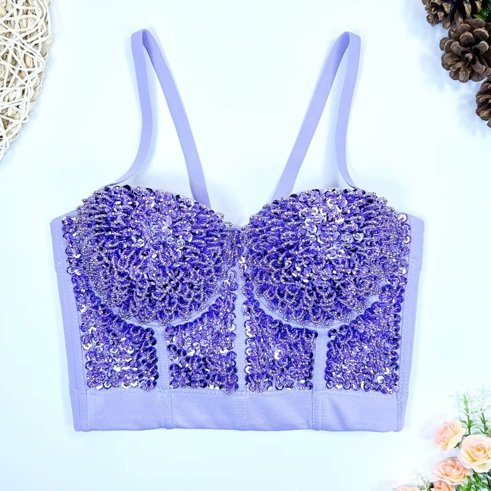Haut court de danse latine noir 2026 pour femme – Gilet sexy à sequins sans manches