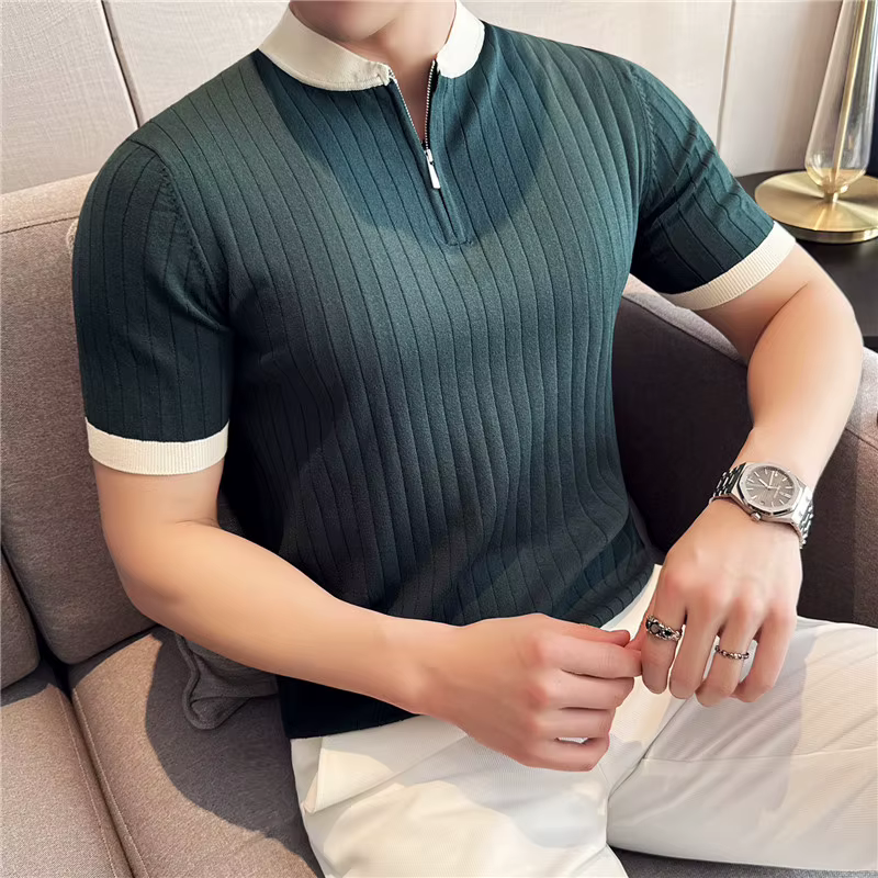 Hommes tricoté Polo Style britannique été léger mince à manches courtes usage quotidien haut t-shirt