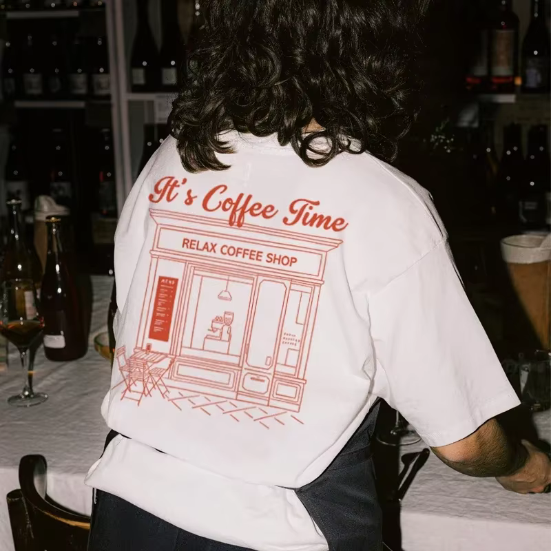 Coffee Time-T-shirt imprimé au dos de style rétro pour femmes