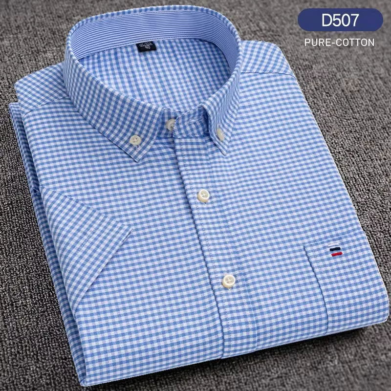 Chemises décontractées d'été pour hommes Oxford manches courtes col carré solide Plaid rayé poche unique chemise en coton confortable