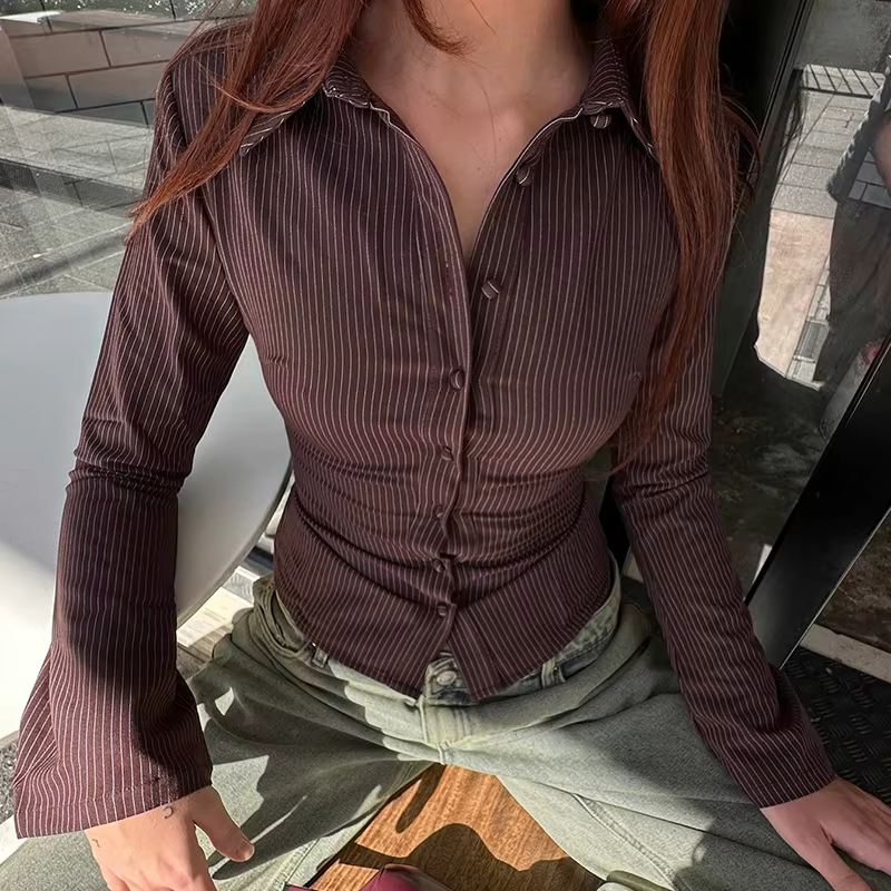 Femmes col à revers col en V ajusté chemises à fines rayures bureau dame boutonné T-shirt Vintage Preppy Coquette Blouse Y2k hauts courts
