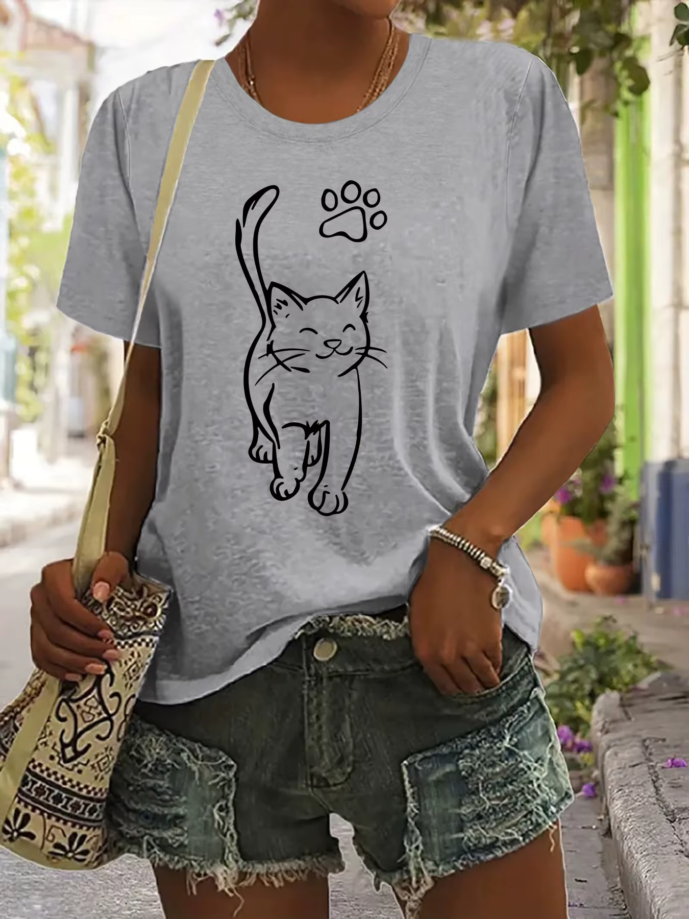 Charmant chat imprimé T-Shirt pour femmes décontracté col rond haut à manches courtes Style urbain