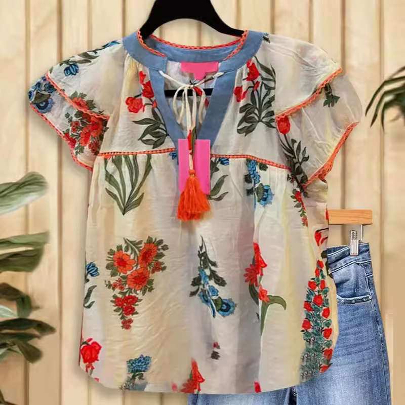T-shirt d'été à manches courtes et col en V pour femme