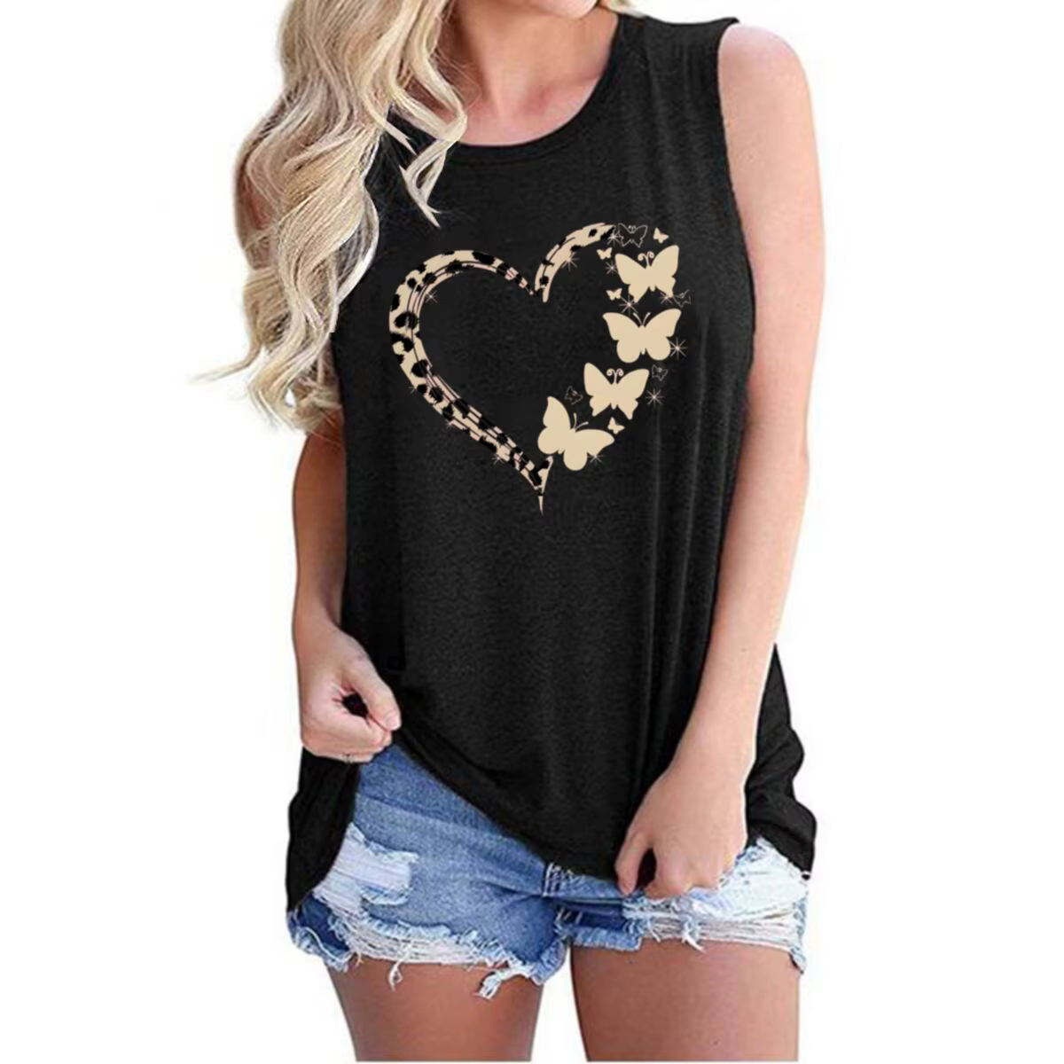 Gilet sans manches imprimé léopard et papillon pour femme, tenue d'été, cadeau pour les amoureuses des papillons, t-shirt sans manches motif léopard et cœur