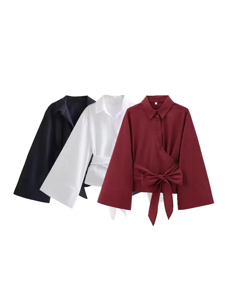 Chemisiers kimono à manches longues pour femmes avec nœud papillon