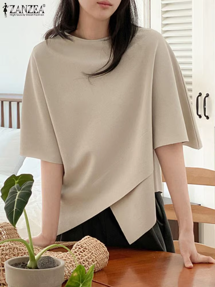 ZANZEA femmes asymétrique t-shirt mode été demi manches t-shirts 2024 coréen col rond plaine tuniques décontracté ample solide Simple hauts
