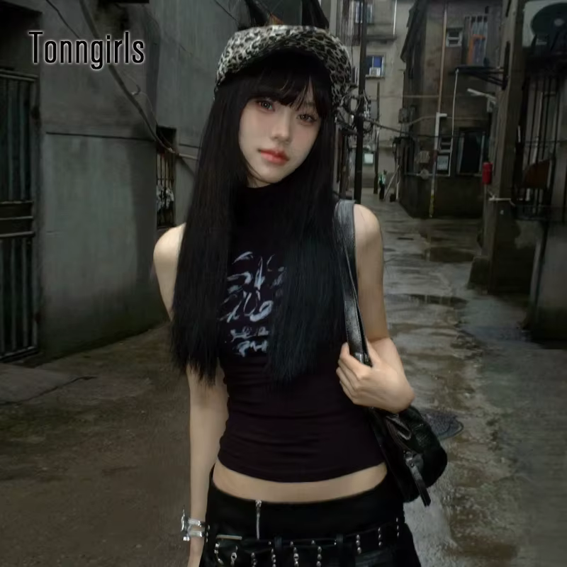 Tonngirls Y2k Vintage débardeurs femmes sans manches imprimé graphique hauts Streetwear années 2000 japonais noir Grunge