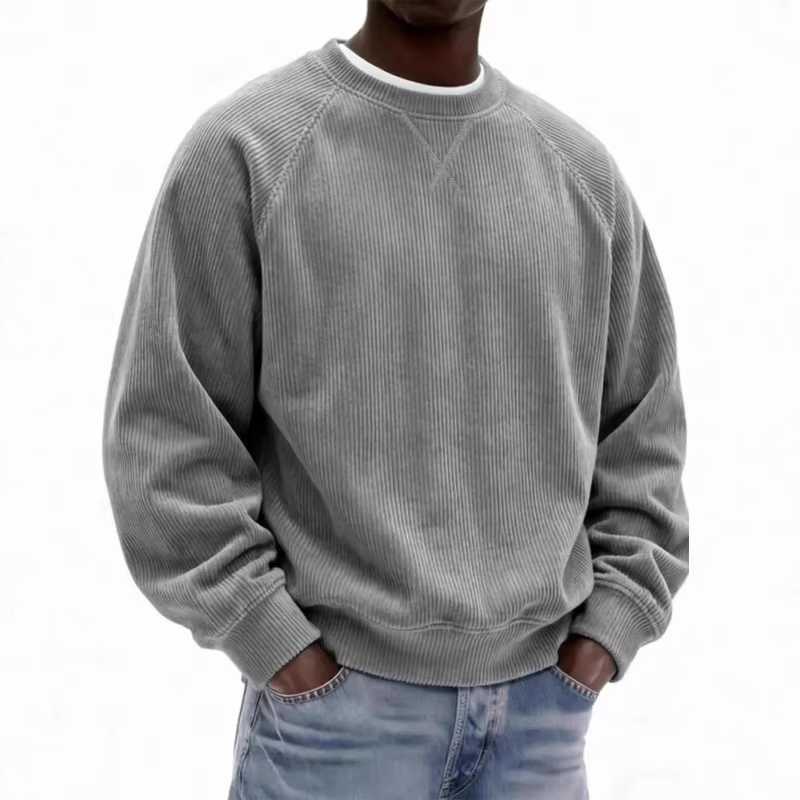 Sweat-shirt col rond en velours côtelé gris pour hommes