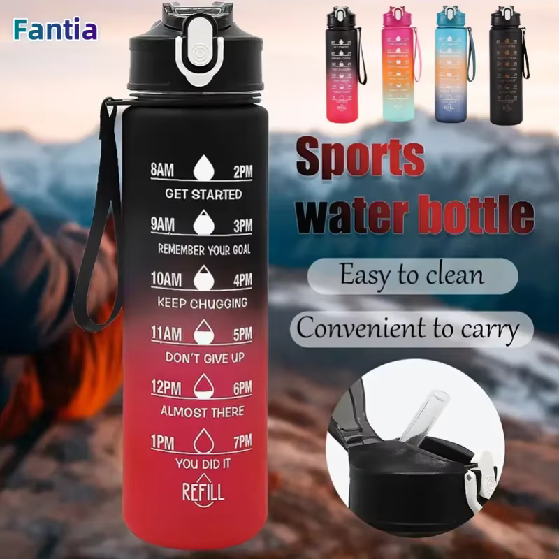 Bouteille d'eau de sport avec paille de suivi du temps, couvercle à rabat verrouillable, idéal pour les aventures en plein air, facile à transporter