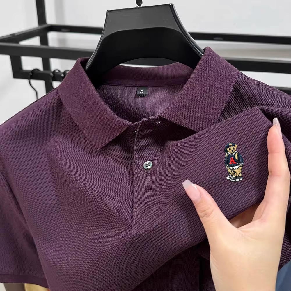 Marque de mode ours en peluche brodé polo à manches courtes haut de gamme 100% pur coton confortable respirant hommes revers T-shirt