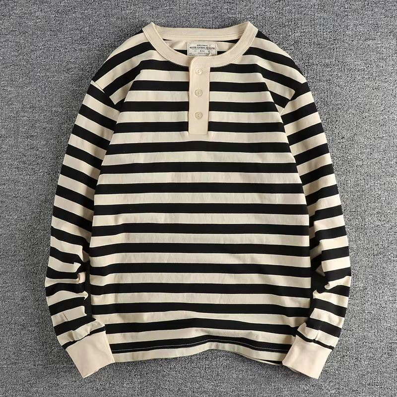 Automne américain rétro 230g poids lourd col Henry rayé T-shirt hommes mode 100% coton lavé décontracté ample résistant gars hauts