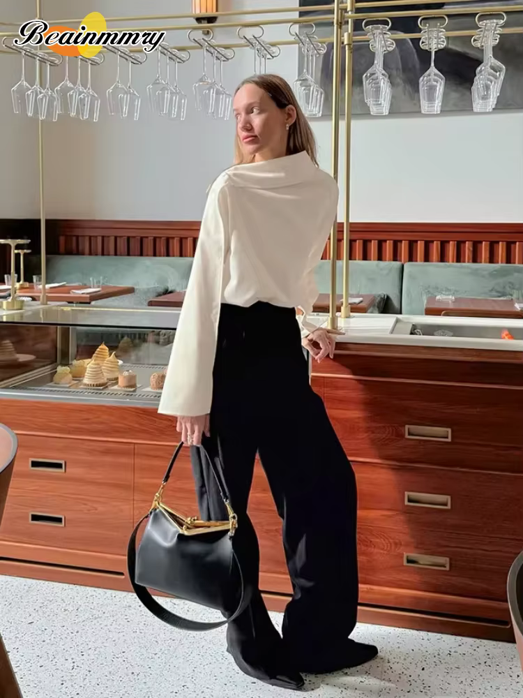 Chemise ample à col écharpe pour femme, élégante, à manches longues, avec ruban, épaule inclinée, chemisier tendance, nouveau printemps, chemises de bureau pour le trajet quotidien, 2026