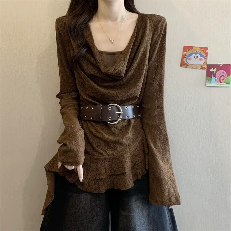T-shirt élégant à manches longues et col en dentelle pour femme