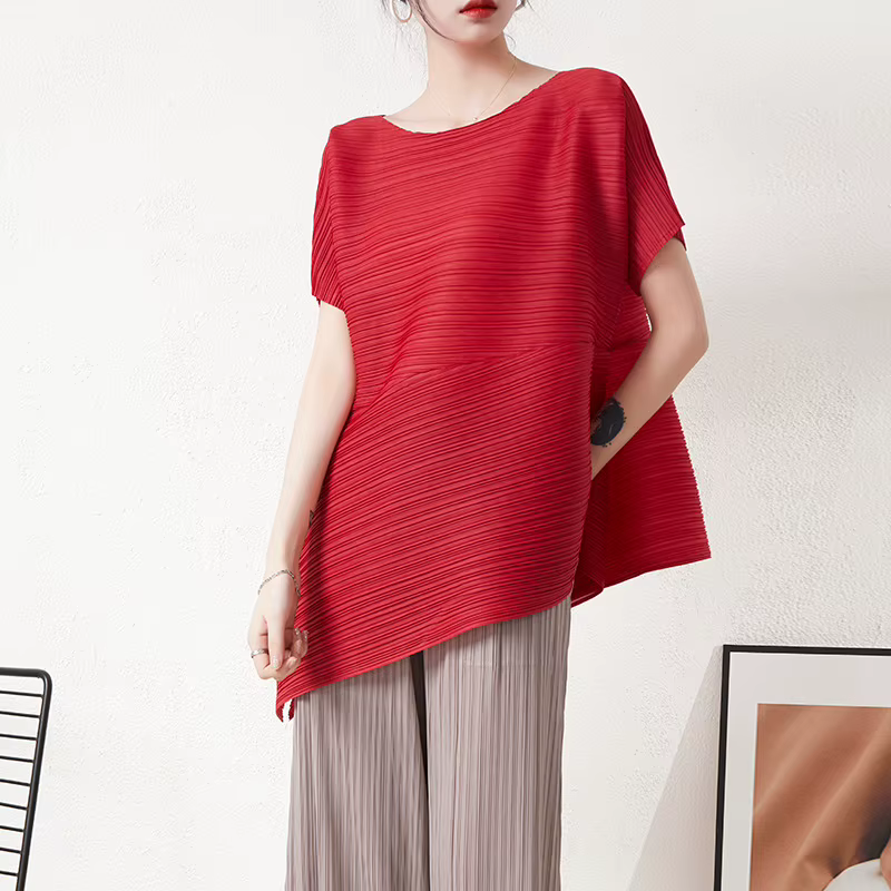 Miyake haut court plissé 2025 été nouveau Design irrégulier ample grande taille col rond T-shirt à manches courtes