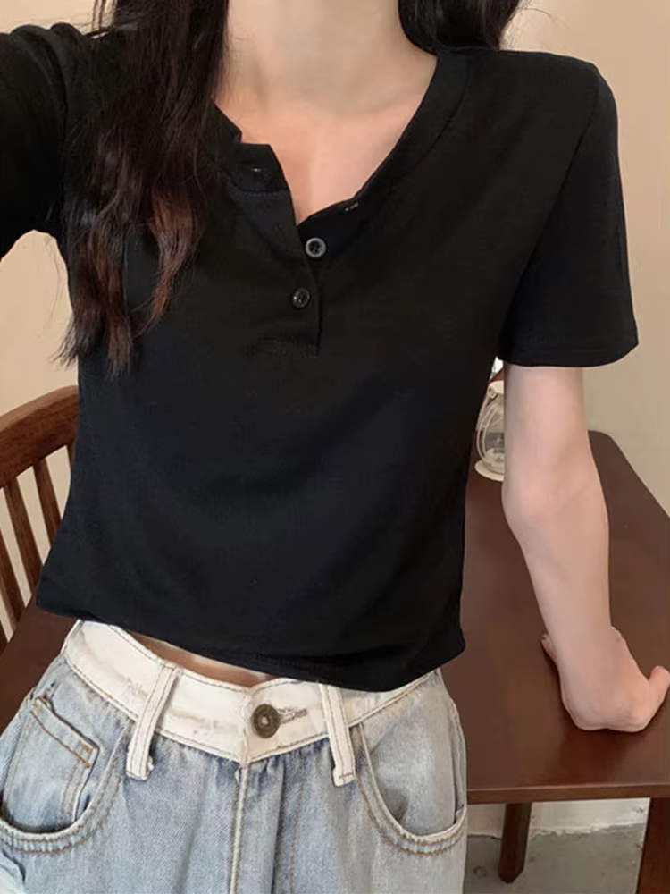 Femmes t-shirt bouton ouvert à manches courtes haut court dames vêtements 2024 solide basique