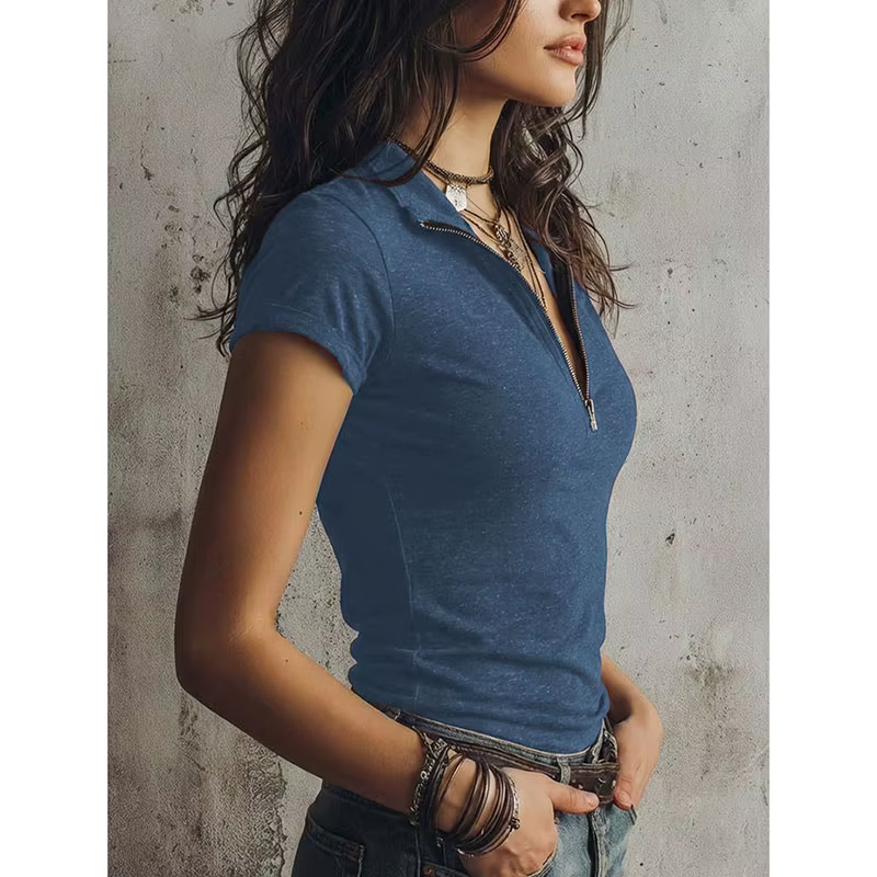 T-shirt d'été slim fit à demi-zip et col à revers pour femme