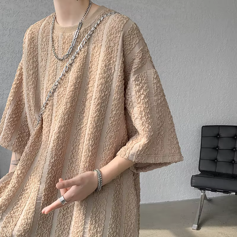 T-Shirt Plissé à Rayures Verticales pour Homme
