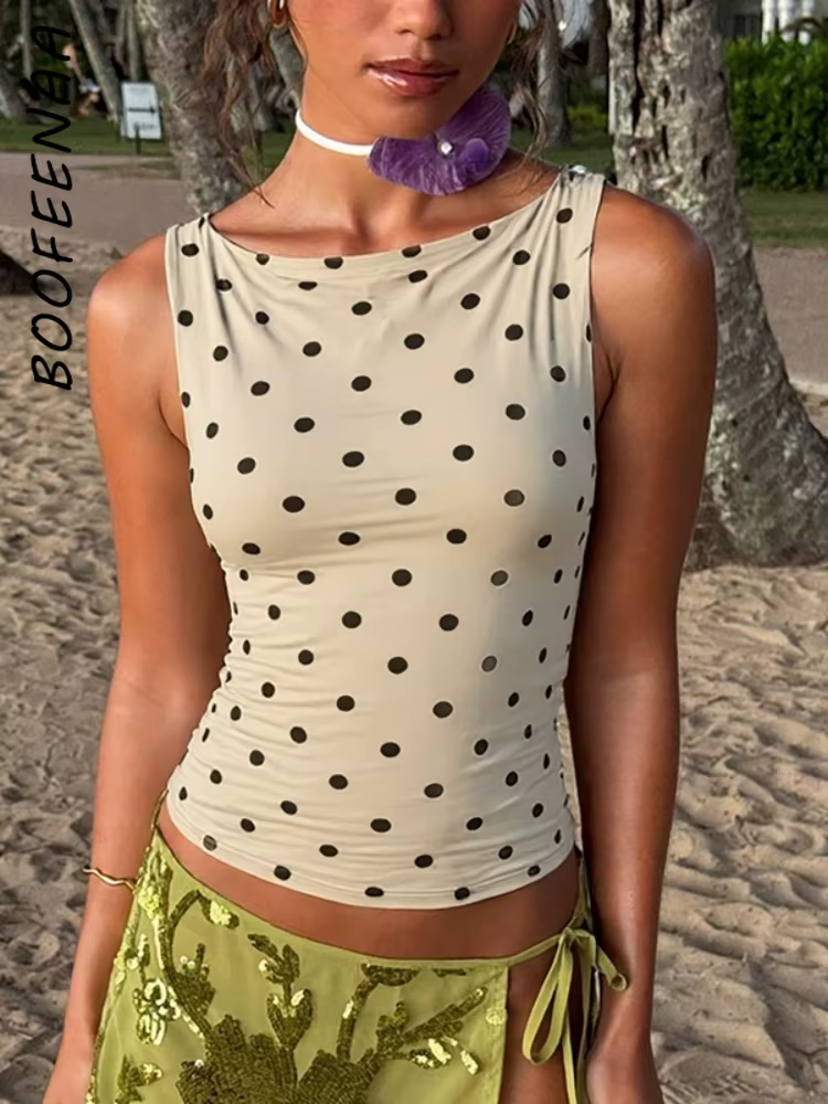 BOOFEENAA mode à pois imprimé débardeurs pour femme vêtements col rond haut sans manches C70-AF14