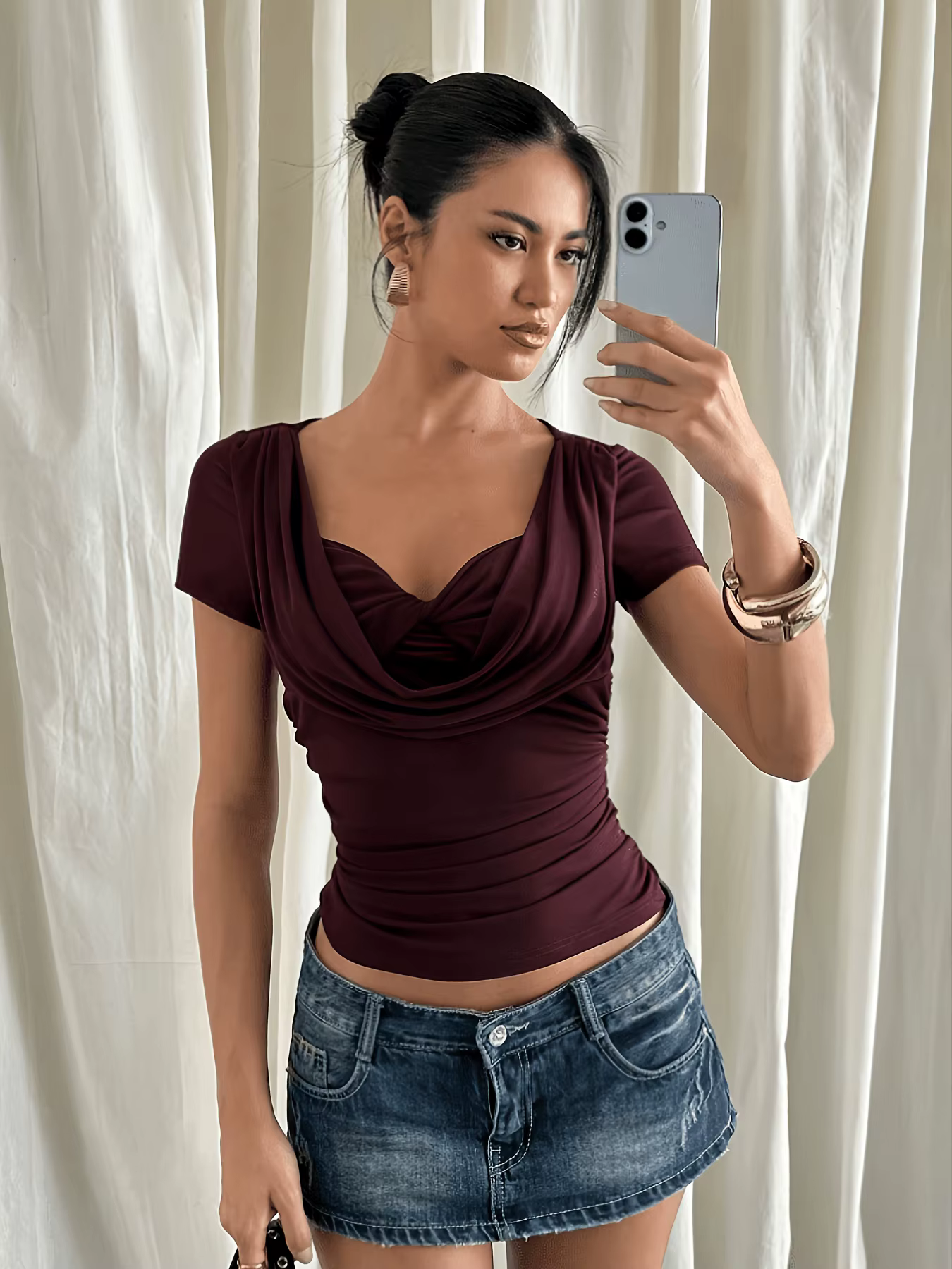 Haut à col bénitier bordeaux pour femme - T-shirt ajusté froncé à manches courtes