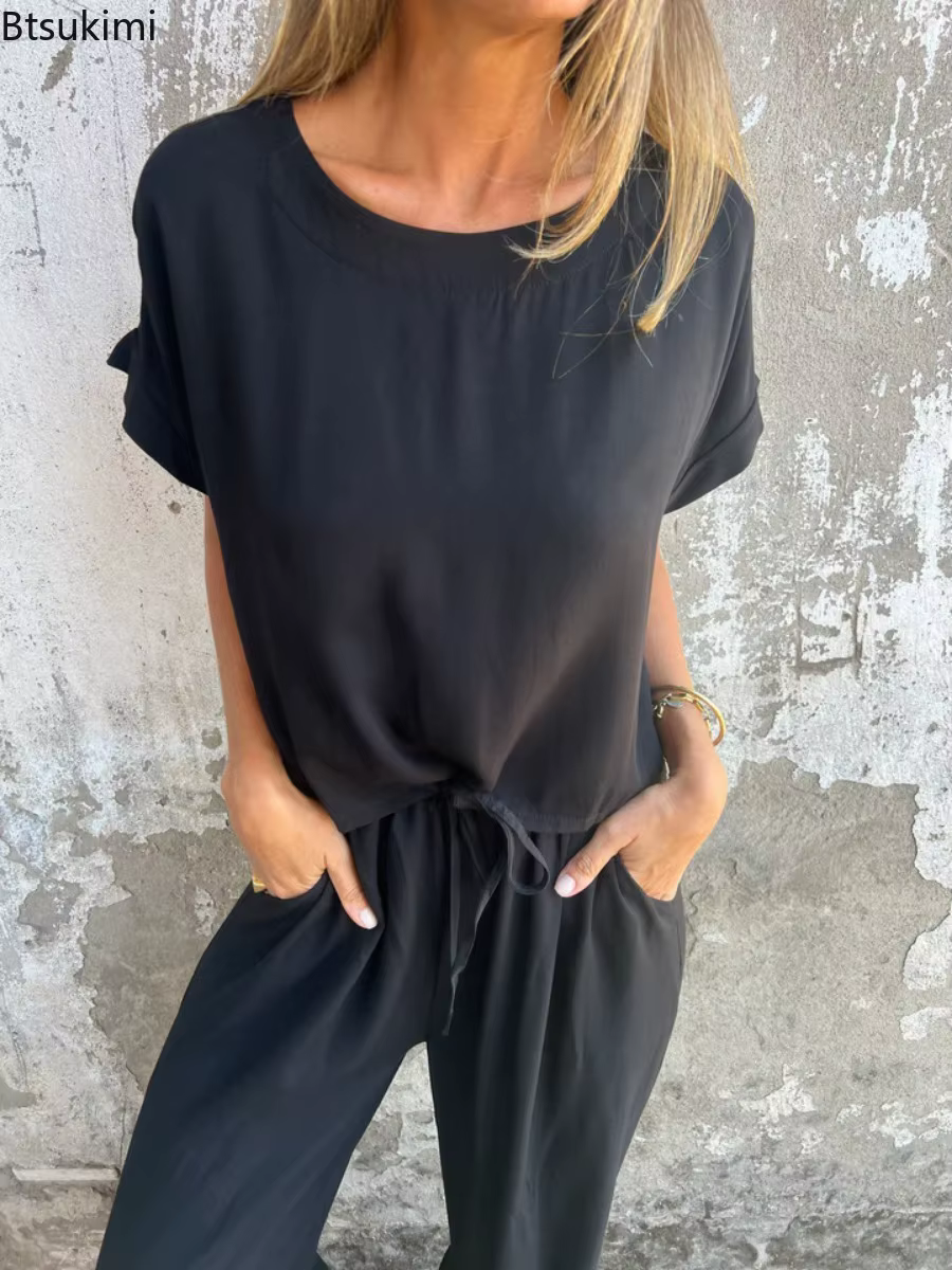 Nouveaux ensembles 2 pièces pour femmes : T-shirts amples à manches courtes et pantalons longs à volants