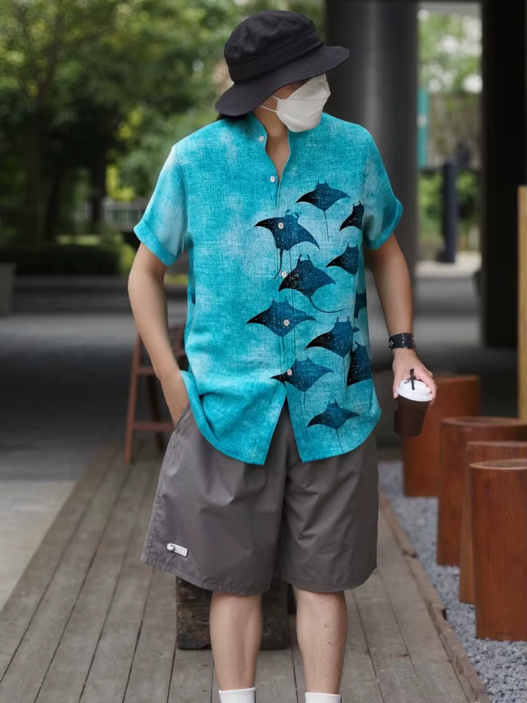 Chemise décontractée pour homme à imprimé artistique Manta Rays style bohème