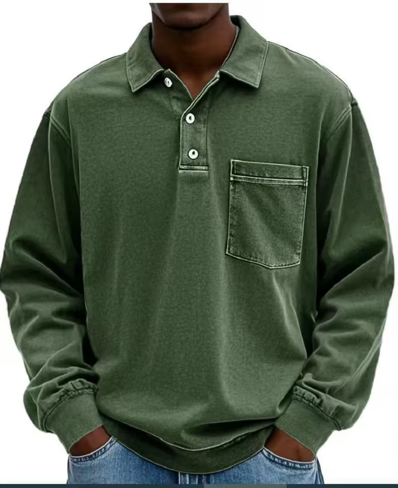 Polo à manches longues gris foncé style rétro américain