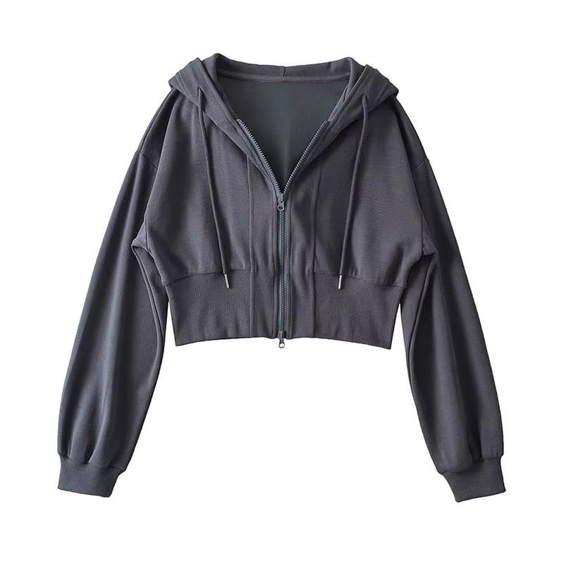 Sweat-shirt court à capuche double fermeture éclair pour femme