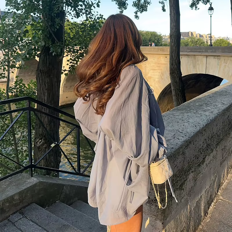 Haut pour femme à manches lanternes, col en V, avec lien, manches longues, cardigan plissé à cordon de serrage, coupe ample, style minimaliste uni