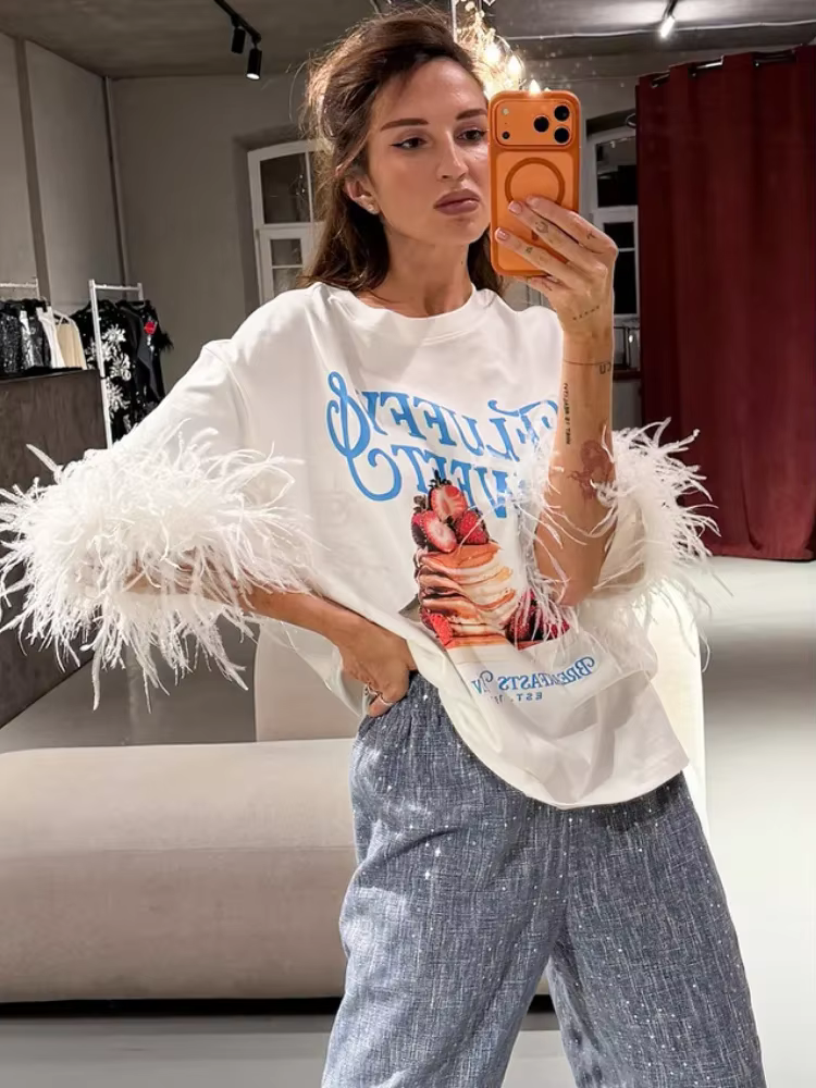 Chic plume Patchwork imprimé T-shirts femmes décontracté col rond demi manches chemise surdimensionnée 2026 nouvelle dame été hauts de rue