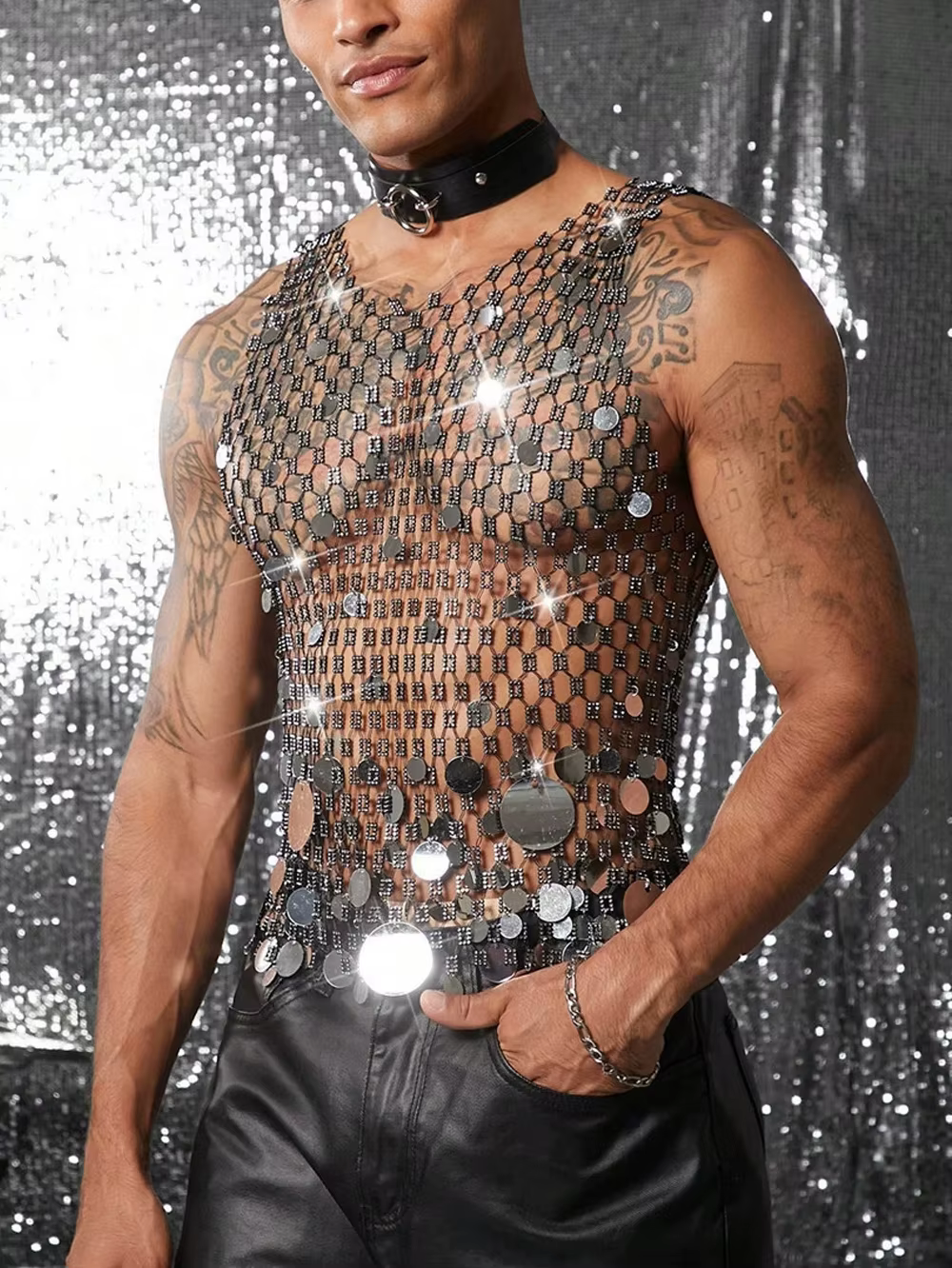 Débardeurs hommes strass résille brillant haut musculaire homme voir à travers gilet rond paillettes sans manches T-Shirt fête discothèque vêtement