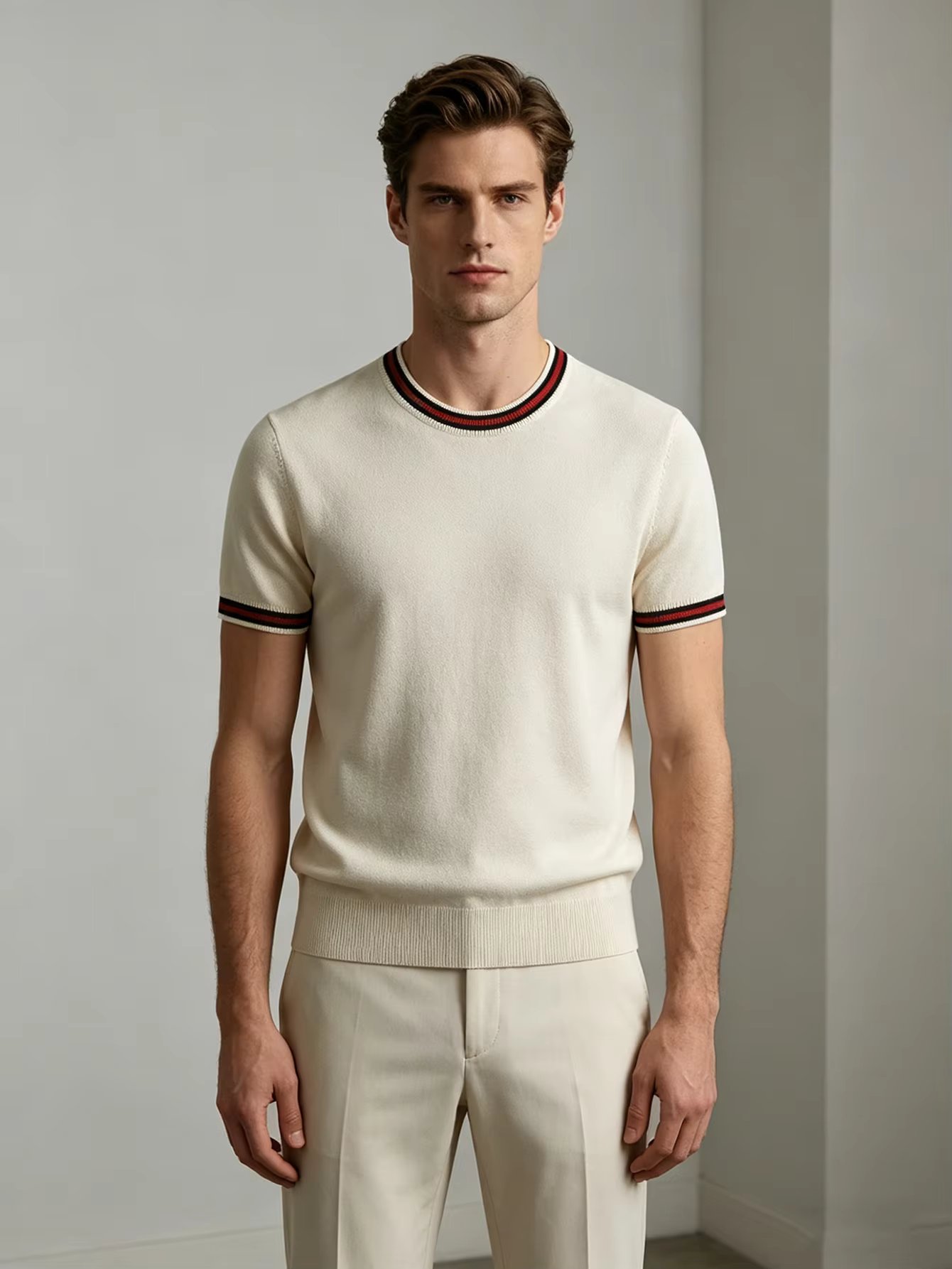 La chemise en tricot à manches courtes de couleur blanc clair convient à porter avec un pantalon